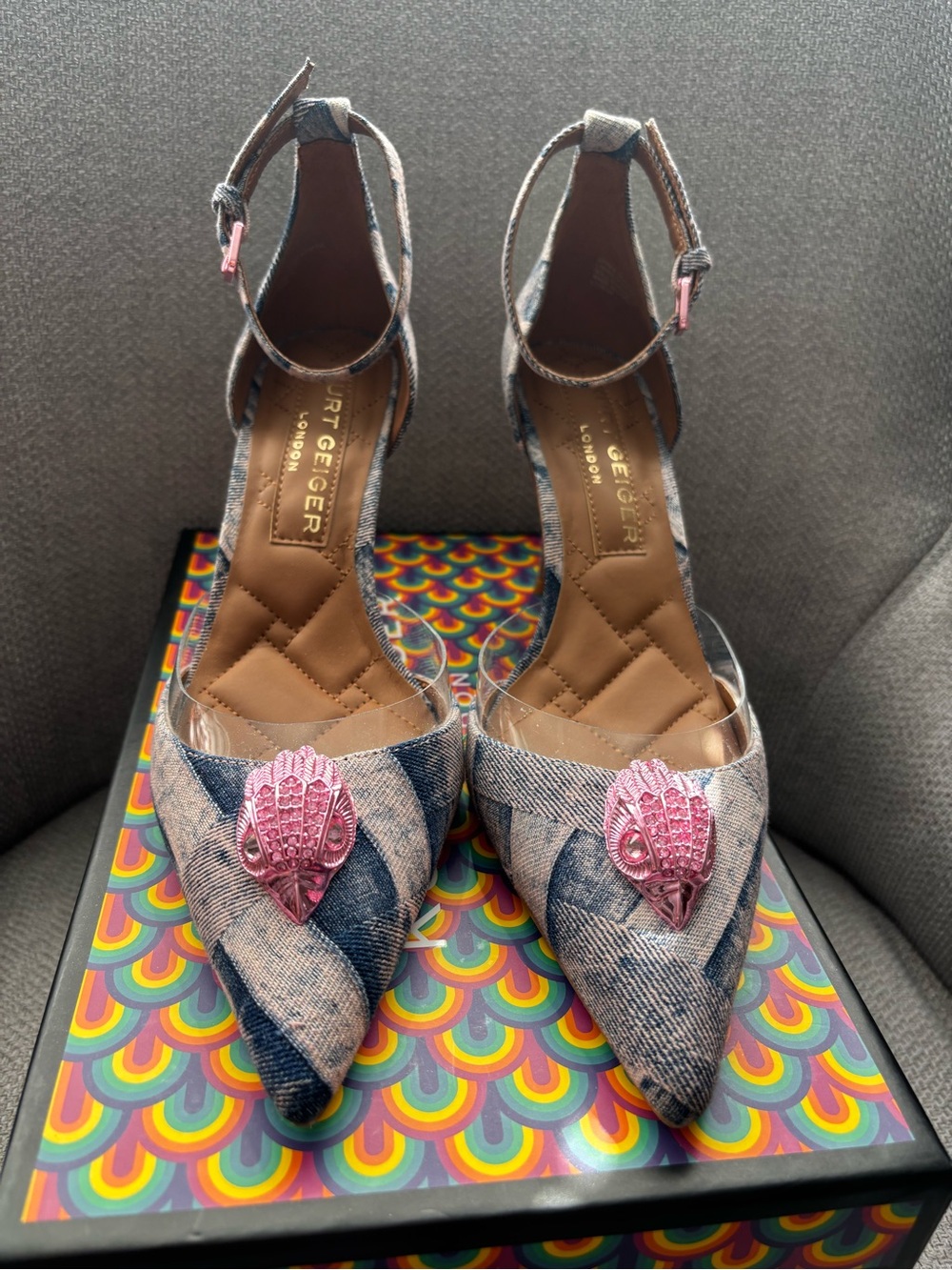 Kurt Geiger London Pink Accent Denim Ankle-Strap Pointed Pumps